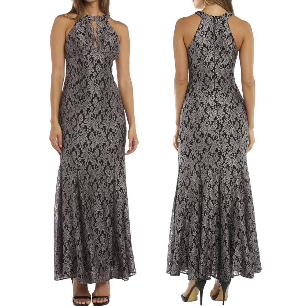 Nightway Mermaid Gown Glitter Lace Halter Keyhole Neckline Maxi Dress Black 10P